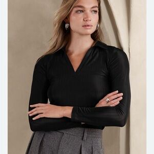 Banana Republic Black Satin Ribbed Fitted Polo Size XS‎